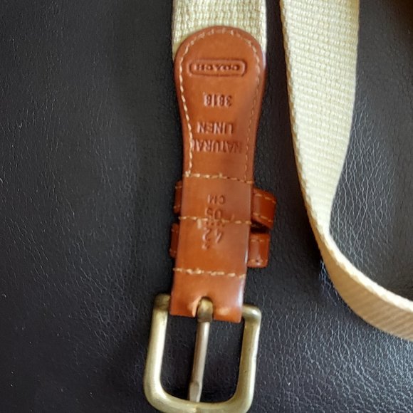 Coach Linen and Leather Belt Yellow Brown Men's 3818 Size 42 Brass Buckle - Picture 3 of 8